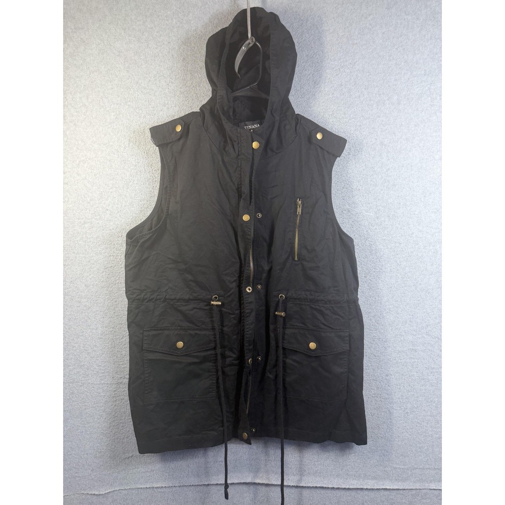 Zenana‎ Anorak Vest Womens XL Black Hooded Utility Pockets Drawstring Twill